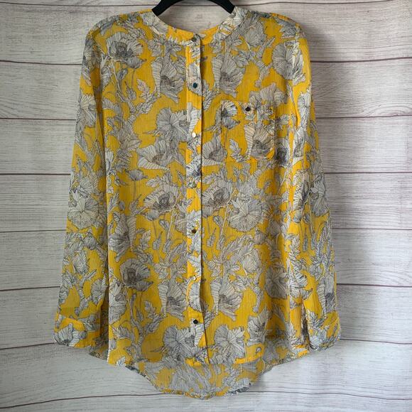 Liz Claiborne Yellow Sketch Floral Blouse Sheer Long Roll Tab Sleeves Size L - Picture 3 of 16